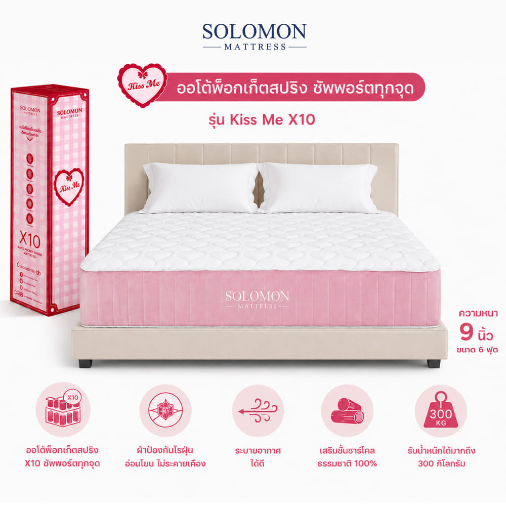 ที่นอนเย็นพ็อกเก็ตสปริง 6 ฟุต SOLOMON รุ่น KISS ME หนา 10 นิ้ว รับประกัน 1 ปี